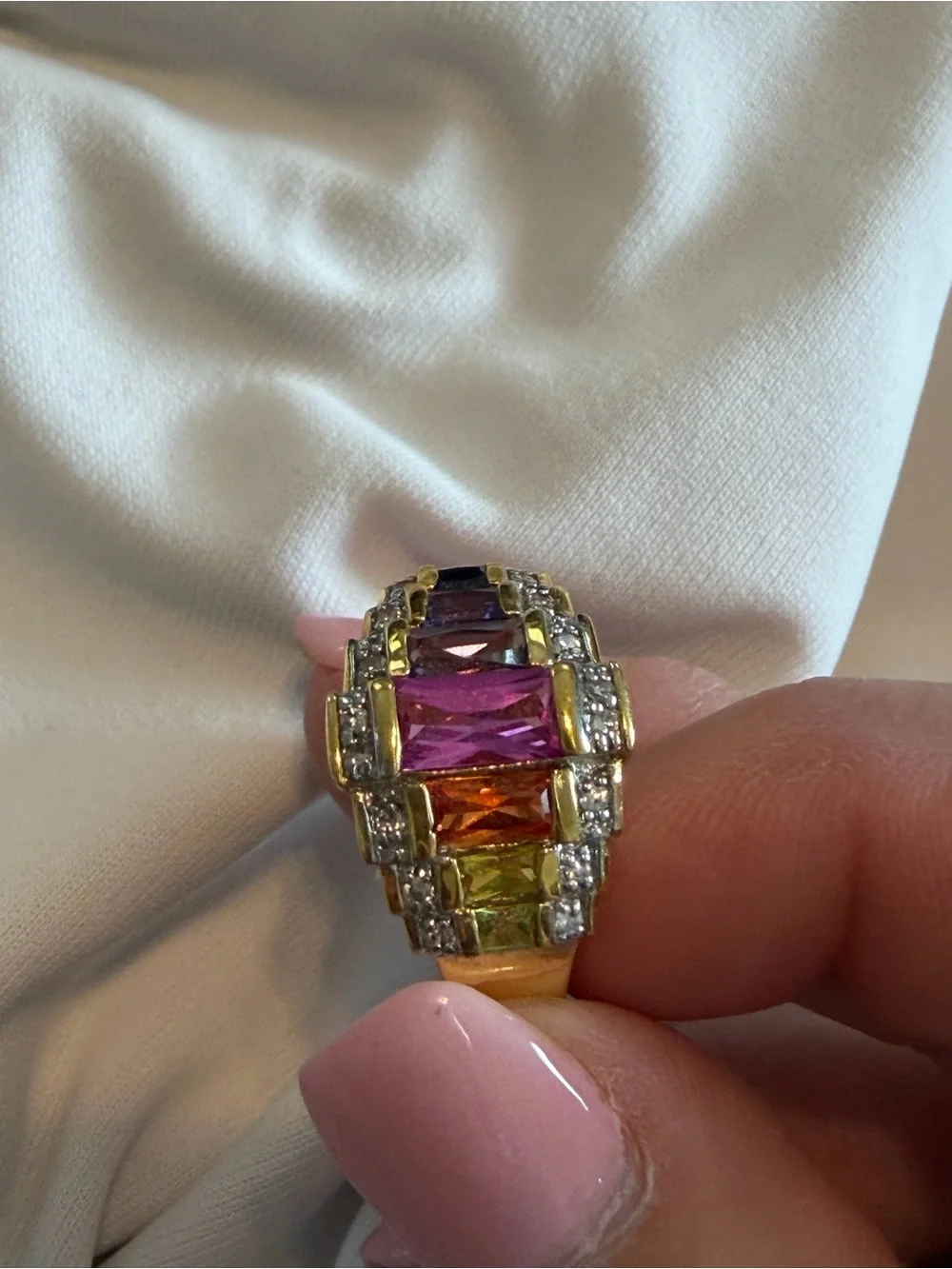 Vintage Sterling/Gold Ring multi color emerald cut gemstones with diamond accent - Picture 4 of 4